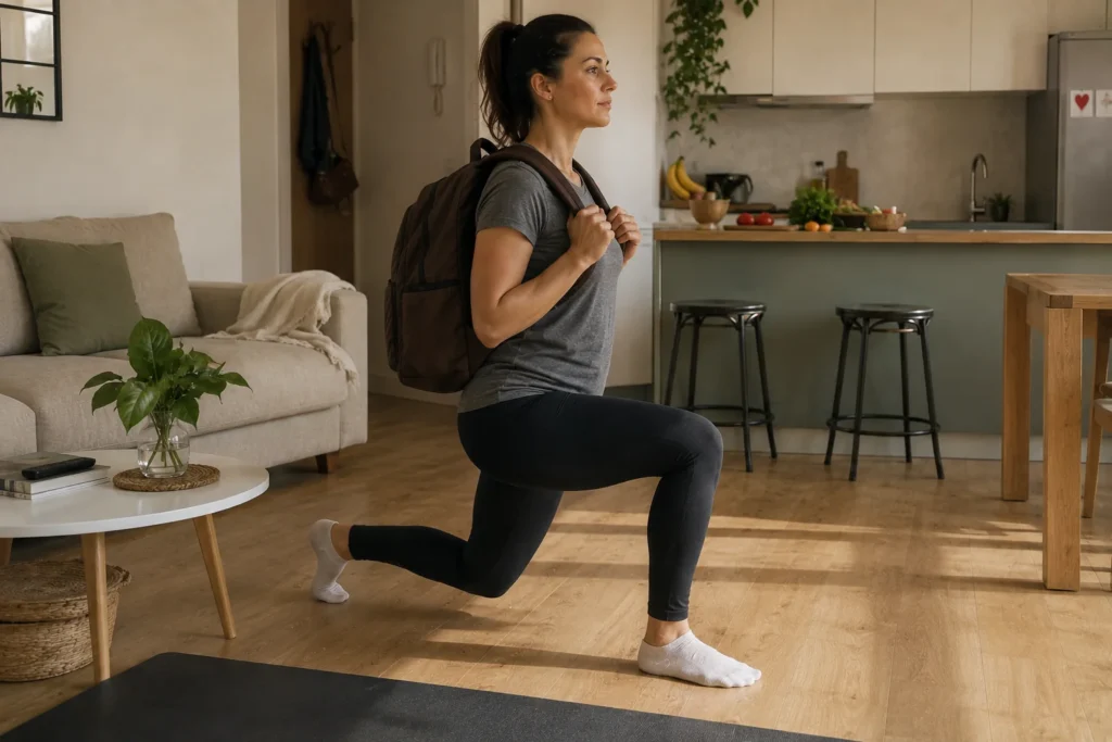 Mujer haciendo sentadillas con una mochila para aumentar la intensidad del entrenamiento en casa