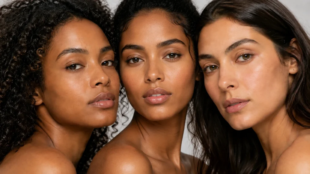 Tres mujeres jóvenes muestran las diferencias entre piel canela, piel morena y piel oliva en un retrato editorial de belleza