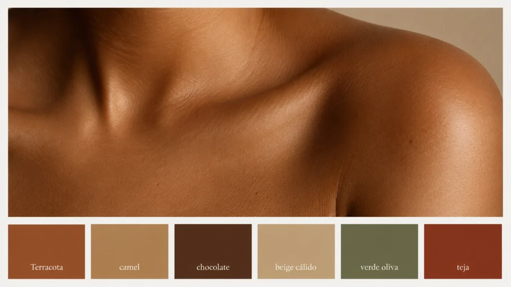 Primer plano de piel canela junto a una paleta de colores cálidos con tonos terracota, camel, chocolate, beige cálido, verde oliva y teja