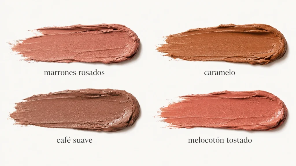 Tonos de maquillaje para piel canela en marrones rosados, caramelo, café suave y melocotón tostado