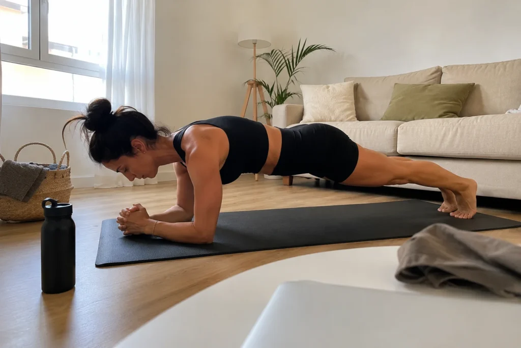 Mujer realizando una plancha sobre los antebrazos para fortalecer el core en casa