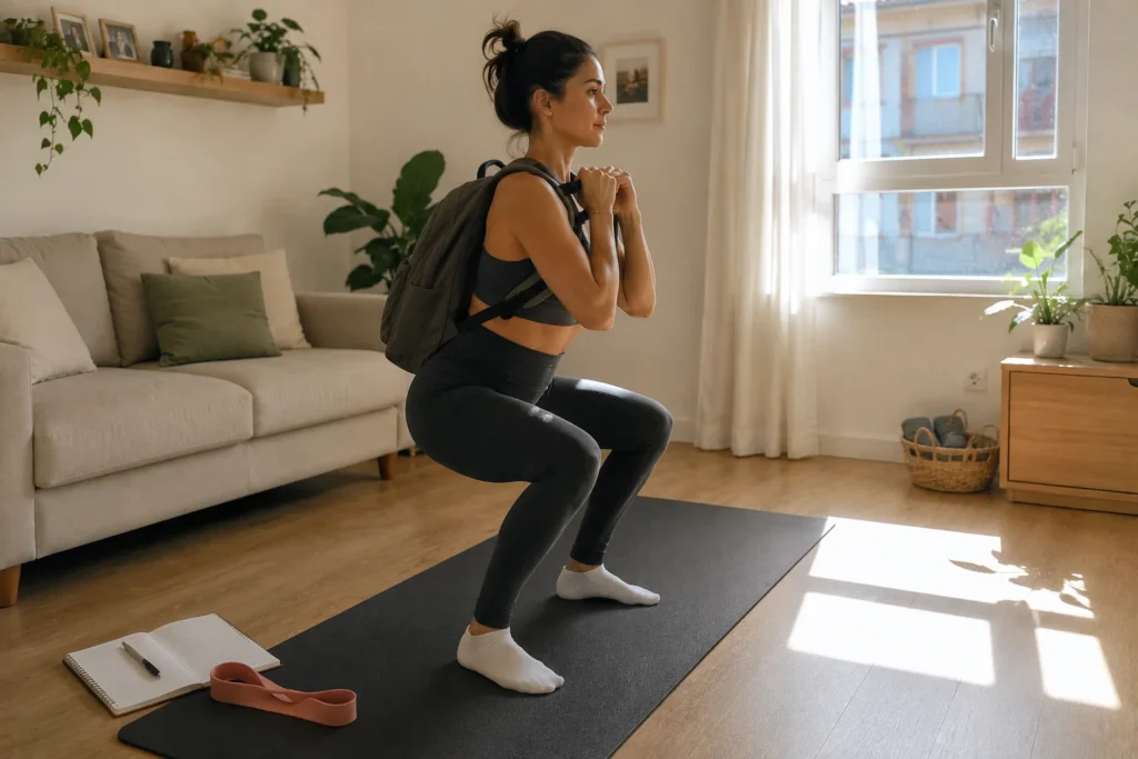 Mujer realizando una zancada con una mochila para desarrollar fuerza y músculo entrenando en casa