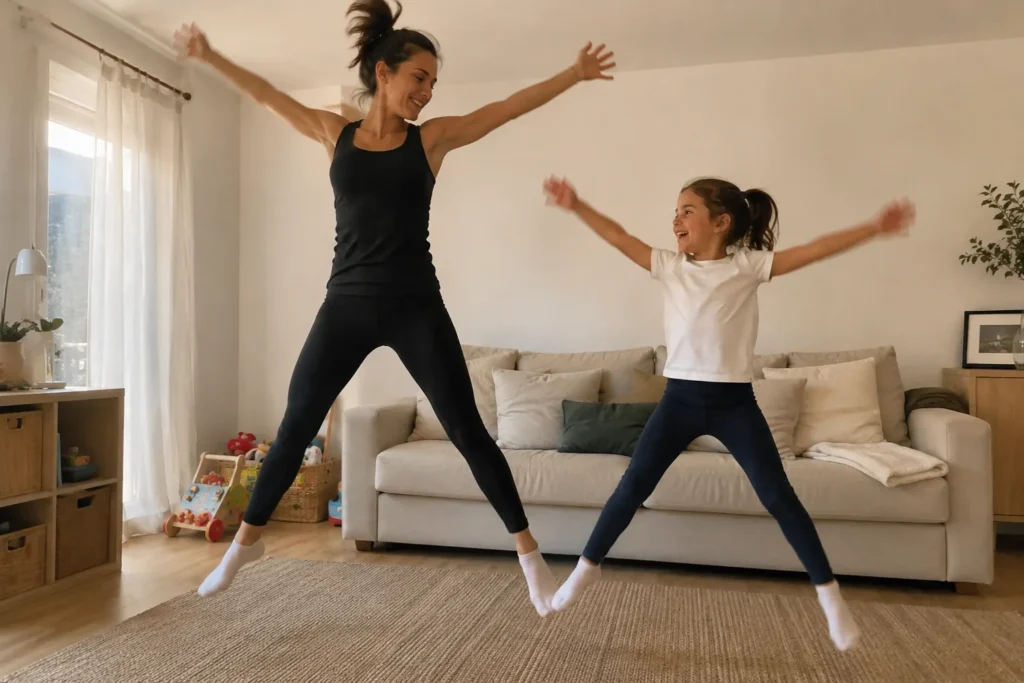 Madre e hija haciendo saltos de estrella durante una rutina familiar en el salón