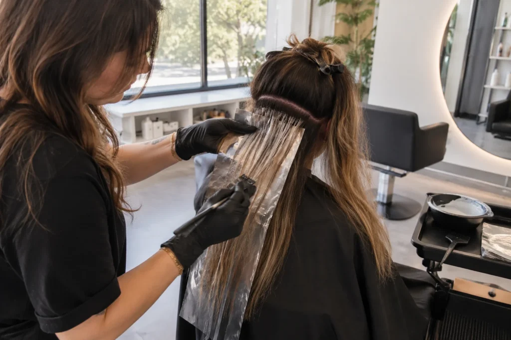 Estilista aplicando mechas y técnicas de coloración en un salón de peluquería
