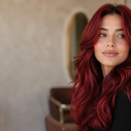 Mujer con cabello cherry red brillante y ondulado en un salón de belleza