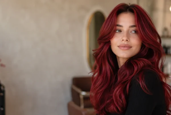 Mujer con cabello cherry red brillante y ondulado en un salón de belleza