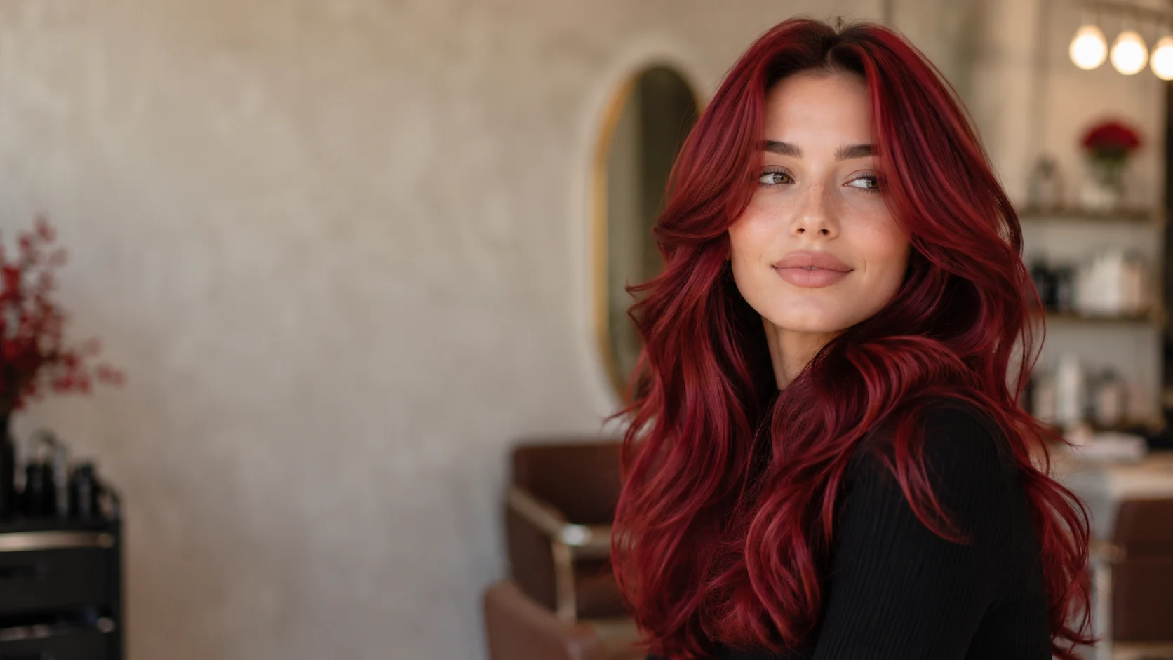 Mujer con cabello cherry red brillante y ondulado en un salón de belleza