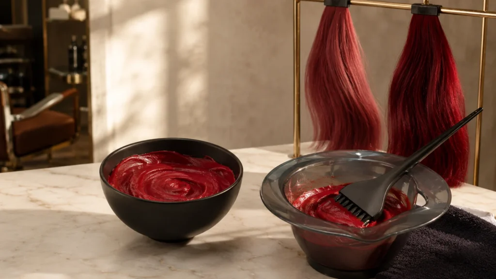 Preparaciones de tinte cherry red junto a muestras de cabello con diferentes acabados