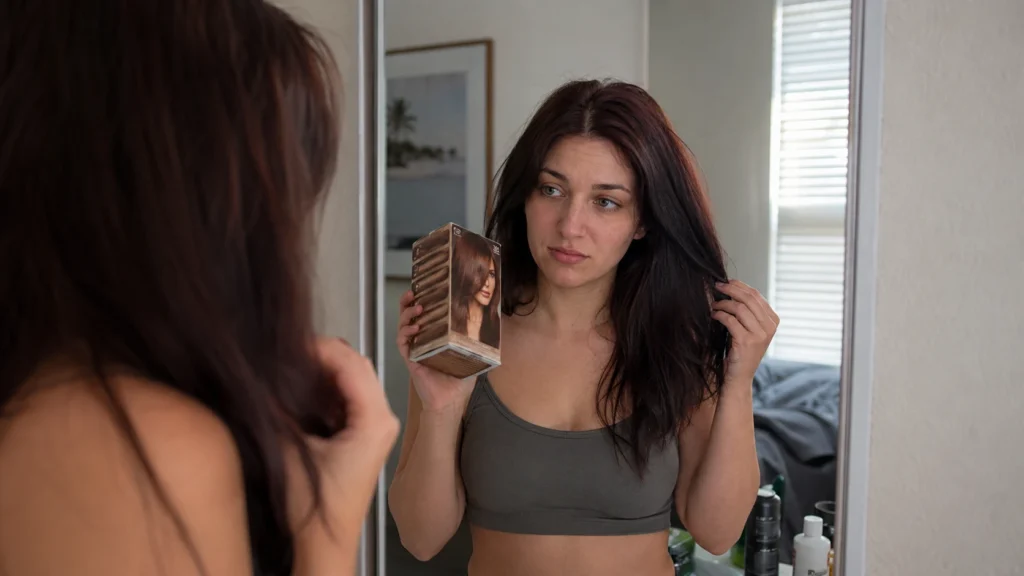 Mujer comparando muestras de color con su base natural antes de elegir un tinte
