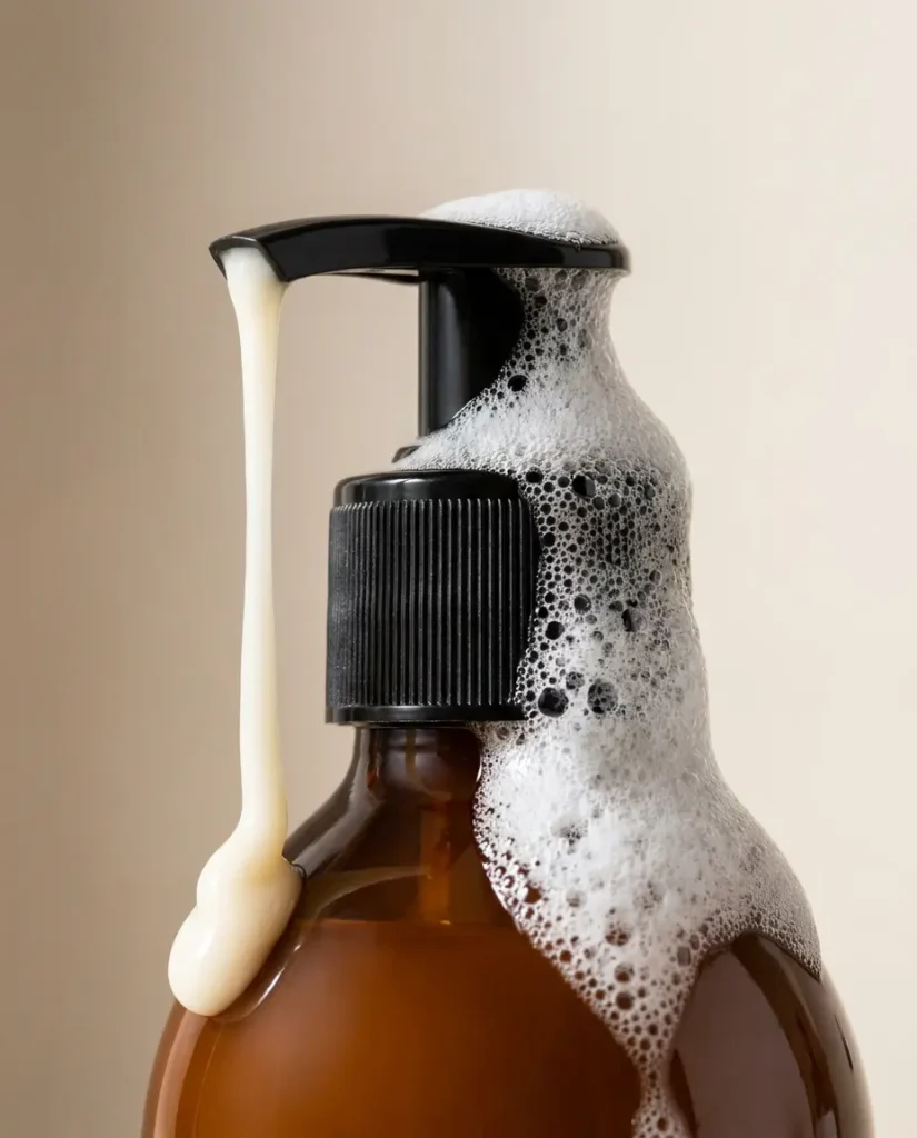 Bote de champú para pelo graso con espuma desbordando sobre fondo beige