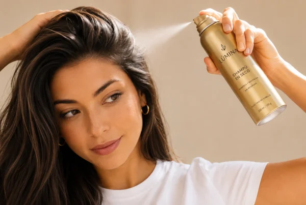 Mujer aplicando champú en seco en las raíces del cabello