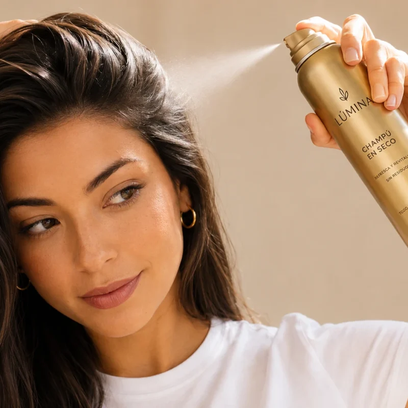 Mujer aplicando champú en seco en las raíces del cabello