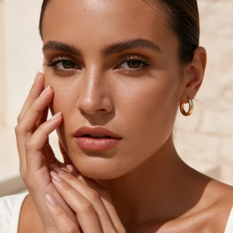 clean-girl-maquillaje-natural-piel-luminosa.webp alt="Primer plano de maquillaje clean girl con piel luminosa, cejas naturales y labios hidratados