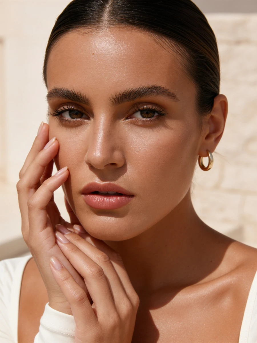 clean-girl-maquillaje-natural-piel-luminosa.webp alt="Primer plano de maquillaje clean girl con piel luminosa, cejas naturales y labios hidratados