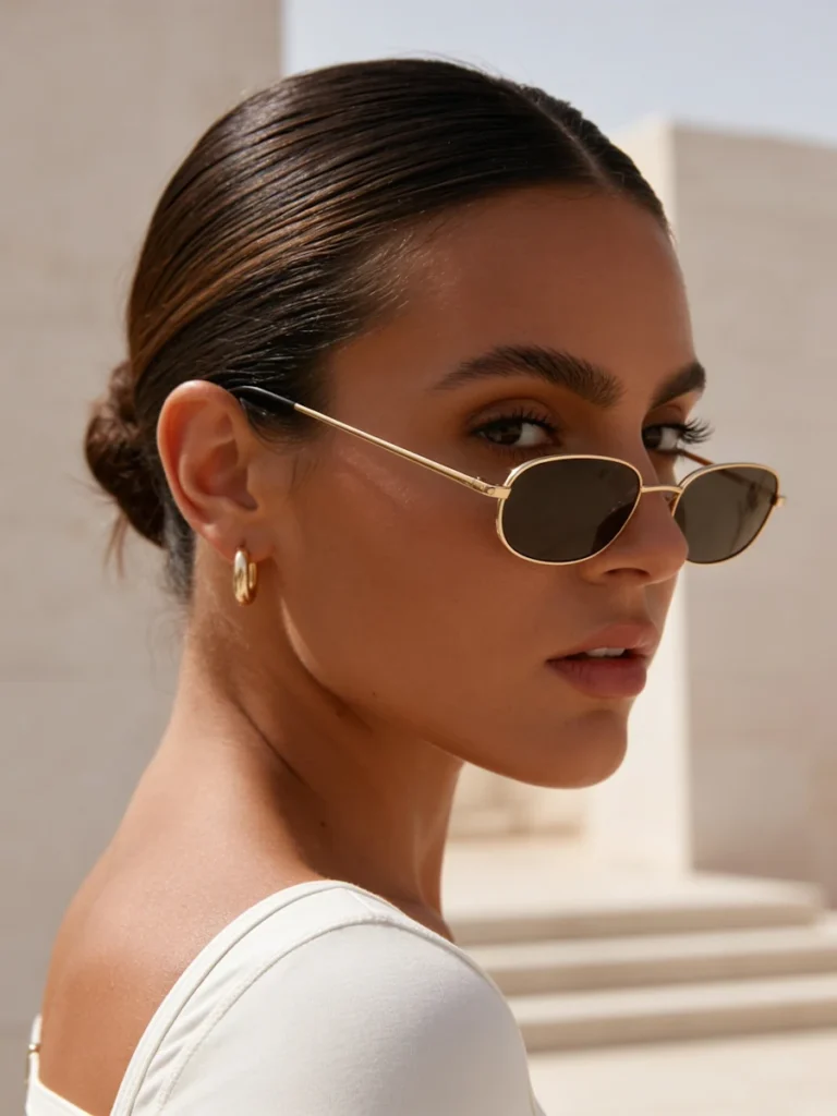 Mujer con peinado pulido, gafas de sol doradas y pendientes discretos en un look clean girl minimalista