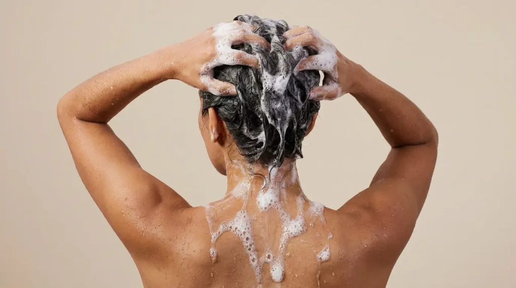 Mujer lavándose el pelo graso en la ducha masajeando el champú sobre el cuero cabelludo