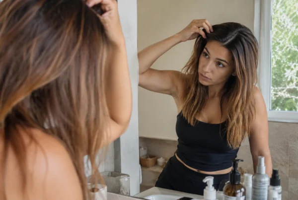 Mujer frente al espejo preocupada por un resultado de tinte desigual en el cabello