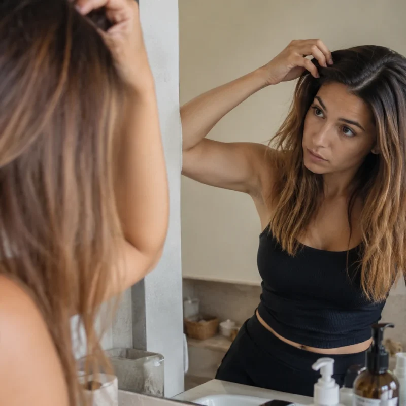 Mujer frente al espejo preocupada por un resultado de tinte desigual en el cabello
