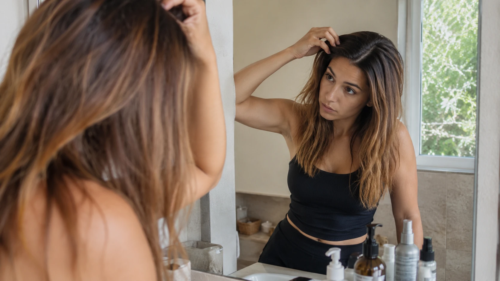 Mujer frente al espejo preocupada por un resultado de tinte desigual en el cabello