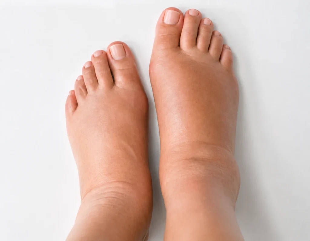 Vista superior de unos pies con inflamación e hinchazón en la zona del empeine y tobillos