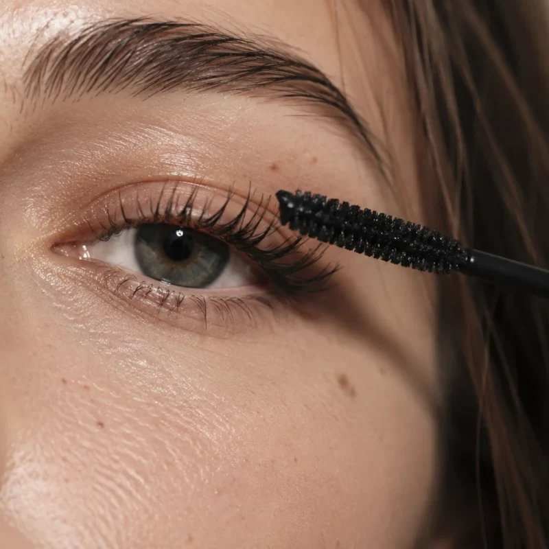 Mujer aplicando rímel negro sobre unas pestañas naturales, largas y definidas