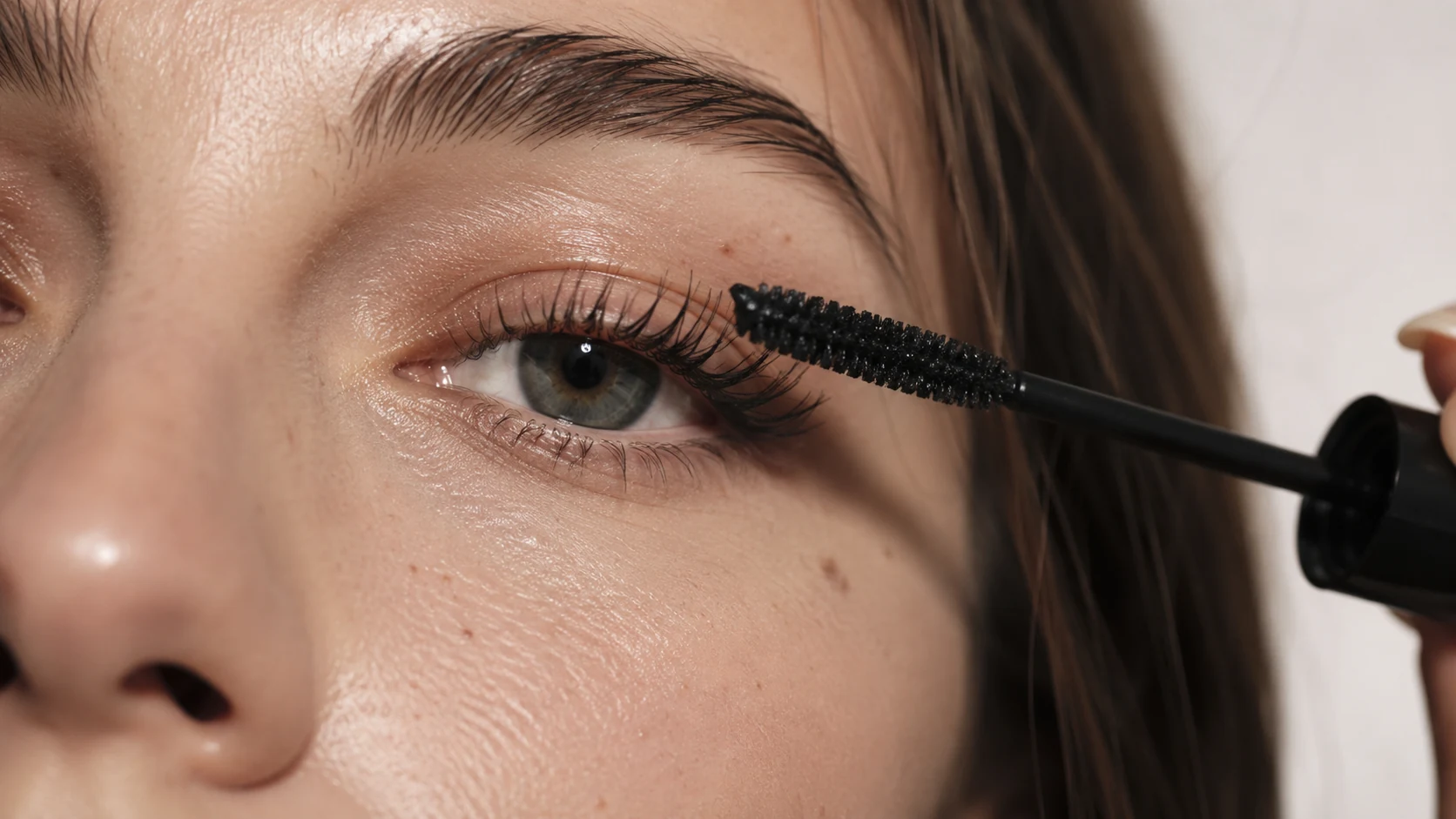 Mujer aplicando rímel negro sobre unas pestañas naturales, largas y definidas