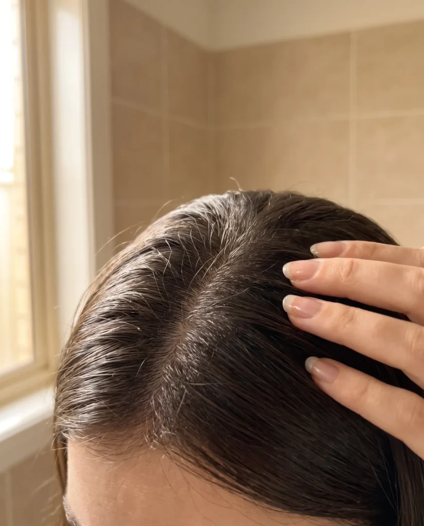 Primer plano de la raíz del pelo graso con el cuero cabelludo brillante al separar el pelo con los dedos