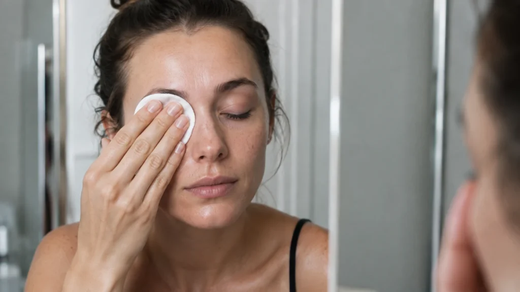 Mujer retirando rímel waterproof con un disco de algodón y desmaquillante.