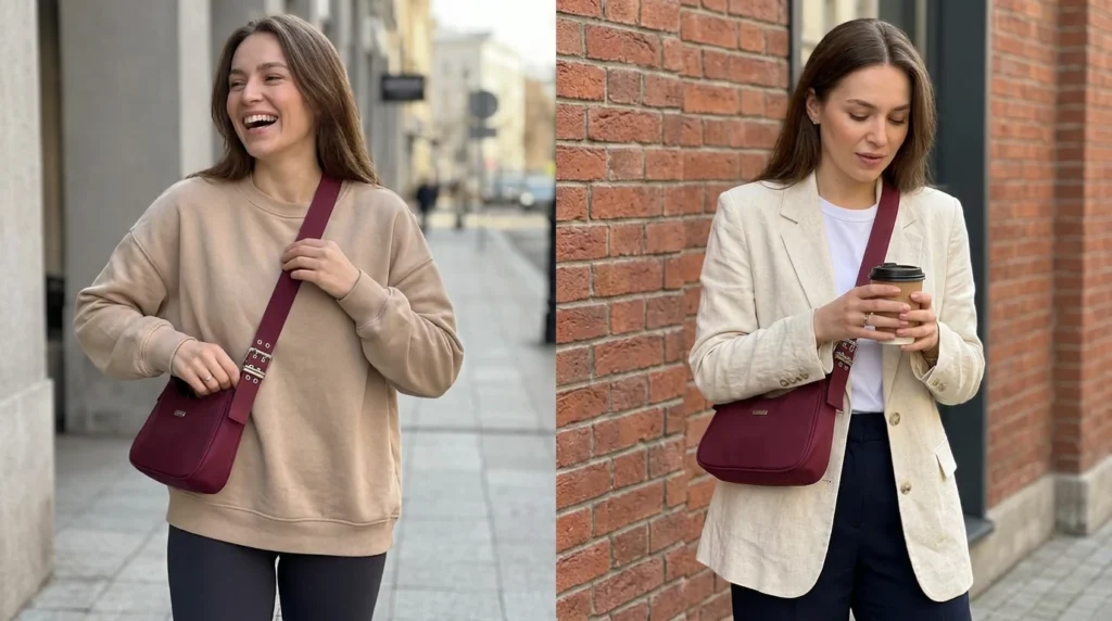 Mujer combinando una bandolera pequeña burdeos con look casual y con blazer de oficina