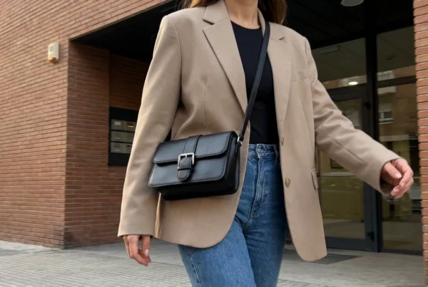Bandolera clásica con solapa combinada con blazer y jeans para la oficina