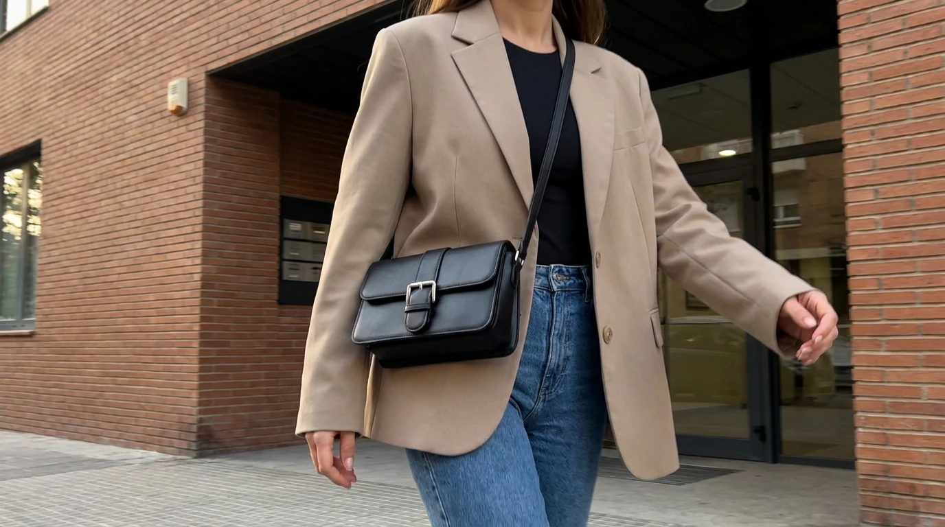 Bandolera clásica con solapa combinada con blazer y jeans para la oficina