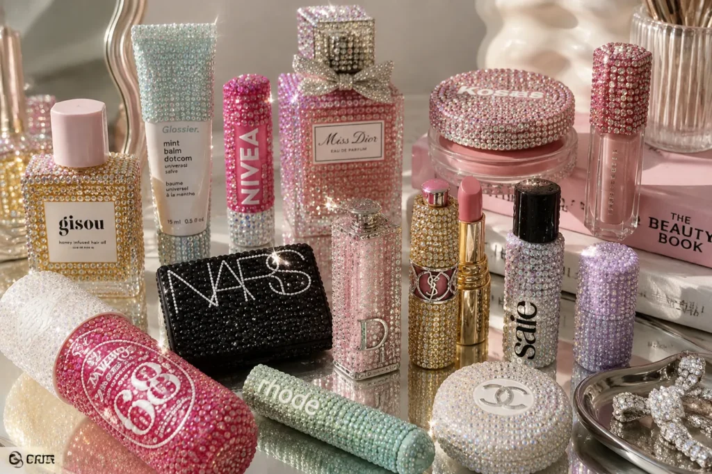 Bedazzling en productos de belleza con cristales brillantes y decoración de pedrería multicolor