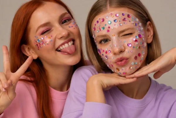 Bedazzling con mascarilla de piedrería multicolor y modelos con estilo beauty pastel
