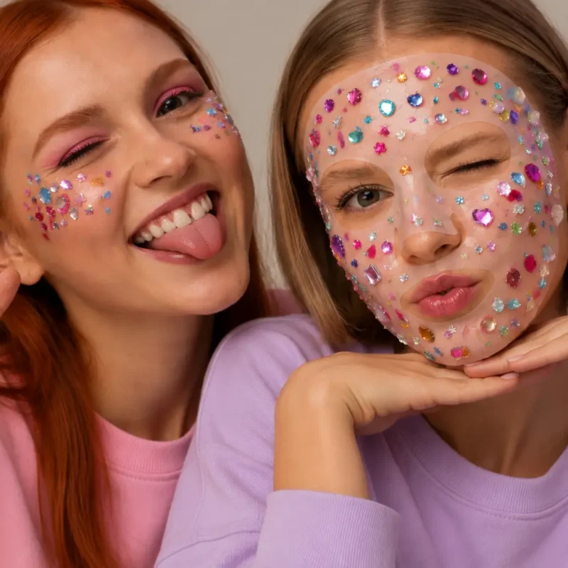 Bedazzling con mascarilla de piedrería multicolor y modelos con estilo beauty pastel