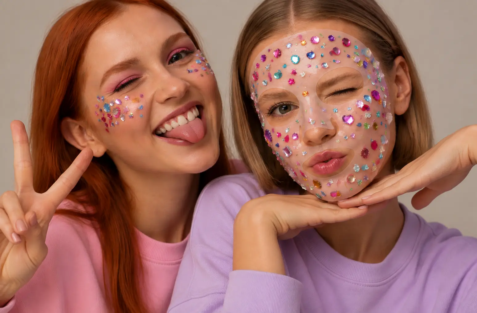 Bedazzling con mascarilla de piedrería multicolor y modelos con estilo beauty pastel