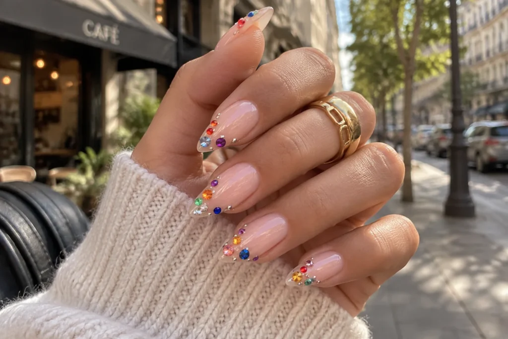 Bedazzling en uñas con pedrería multicolor y diseño brillante estilo street style