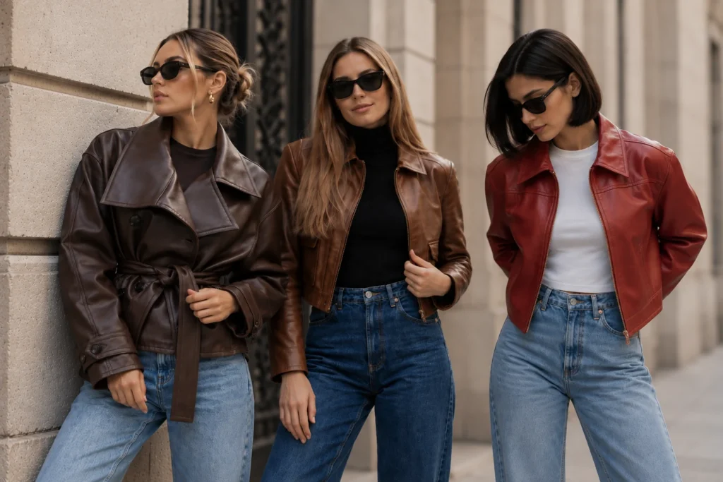 Alt: Tres modelos con chaqueta mujer de cuero en una fotografía editorial de estilo urbano