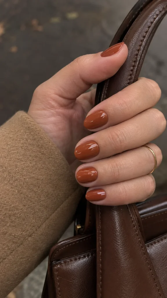 Uñas en terracota brillante junto a un bolso de cuero marrón y manga de abrigo camel