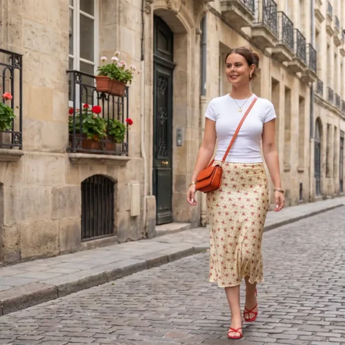 mujer con faldas midi caminando por calle europea