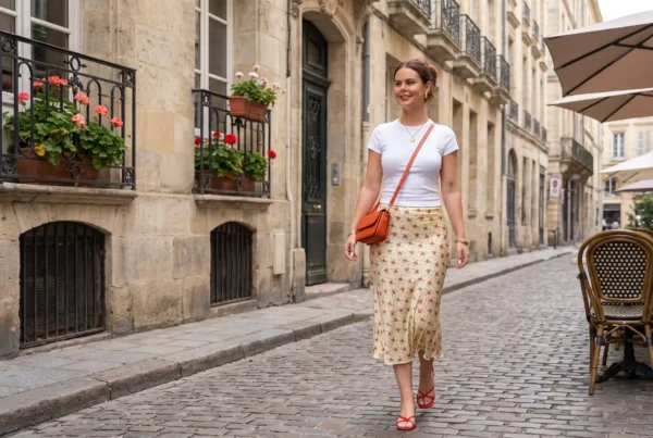 mujer con faldas midi caminando por calle europea