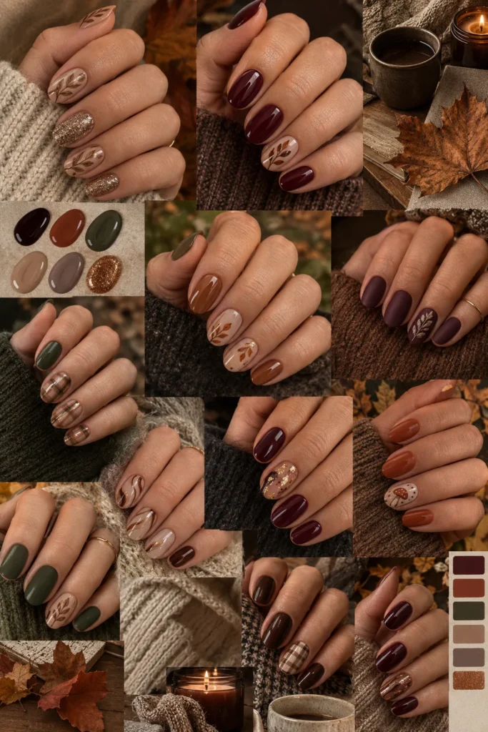 Collage de inspiración con diseños y colores de uñas para otoño 2026 en tonos vino, marrón y verde musgo