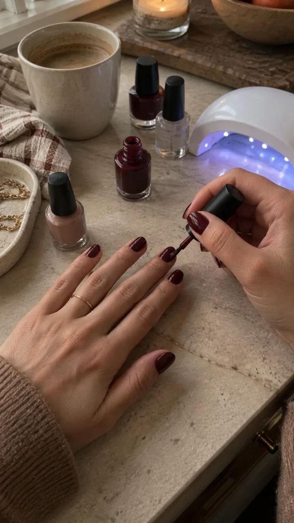 Manicura casera aplicando esmalte burdeos con lámpara LED portátil sobre la encimera
