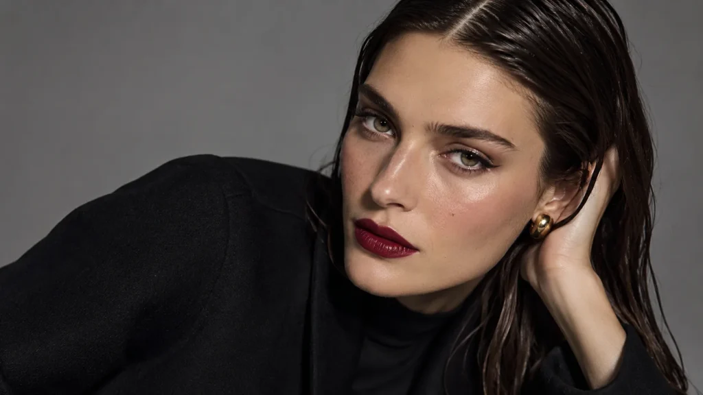 Peinados y maquillaje tendencia otoño-invierno 2026-2027 con labios burdeos y wet look