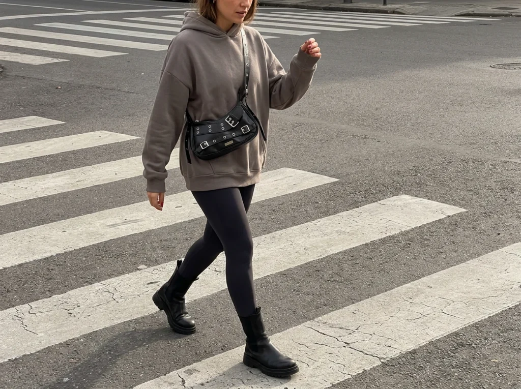 Riñonera cruzada negra combinada con sudadera oversize en look urbano