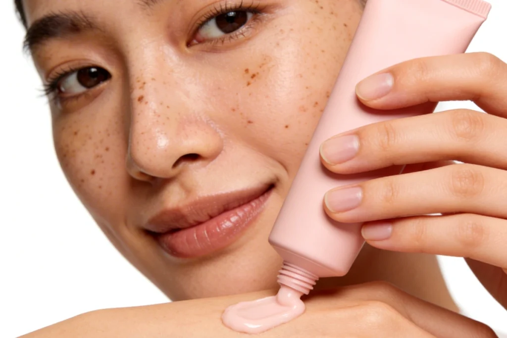 Skincare coreano con modelo mostrando crema para el rostro en formato horizontal