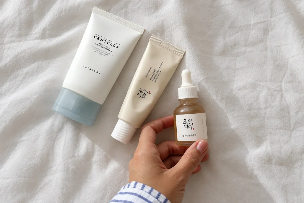 Skincare coreano con productos de cuidado facial en formato horizontal