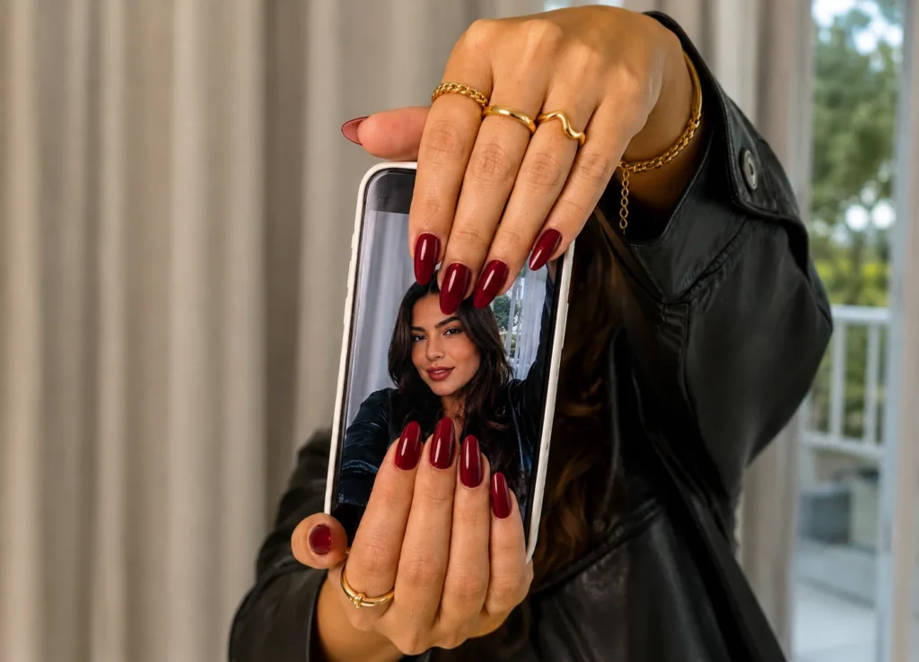 Uñas semipermanentes cherry red en manos de modelo latina con accesorios dorados