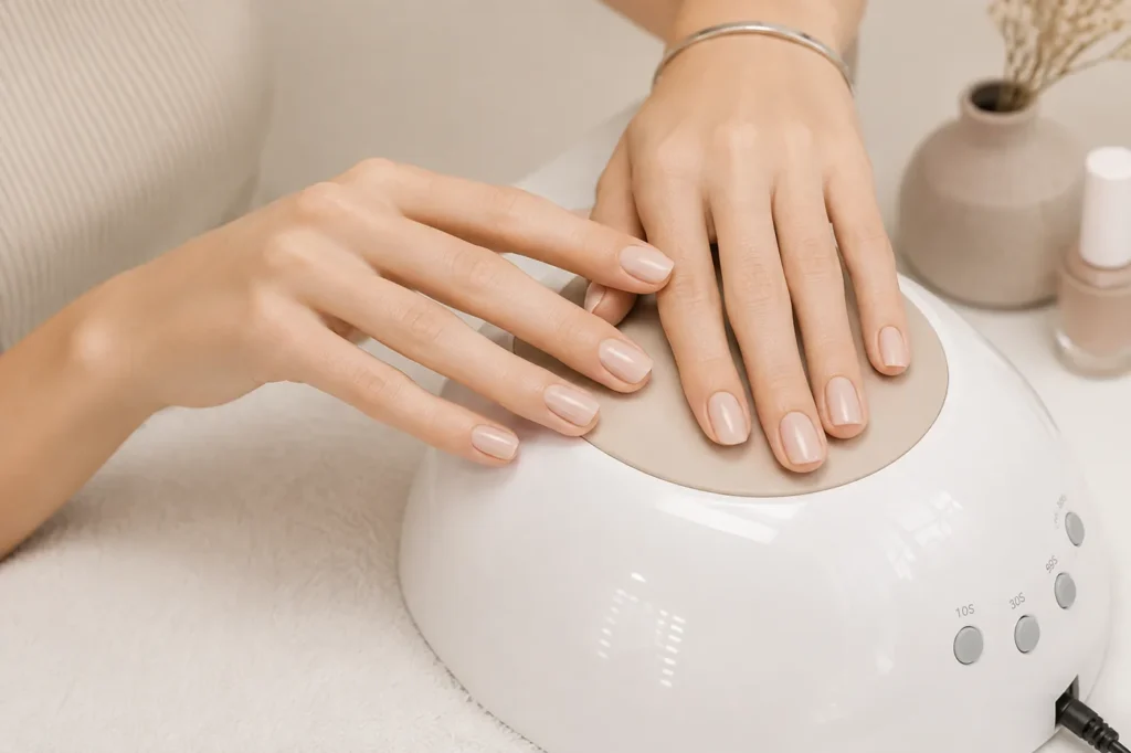 Uñas semipermanentes en tonos nude sobre lámpara UV de manicura en un ambiente de colores neutros