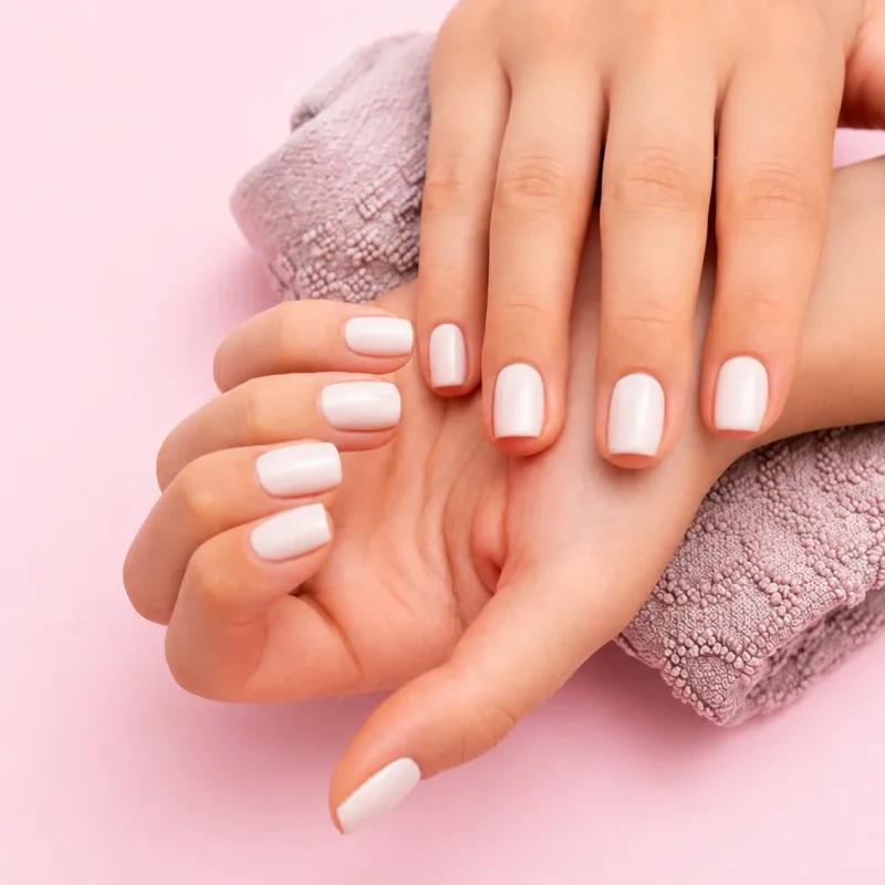 Uñas semipermanentes blancas en manos cuidadas sobre fondo rosa