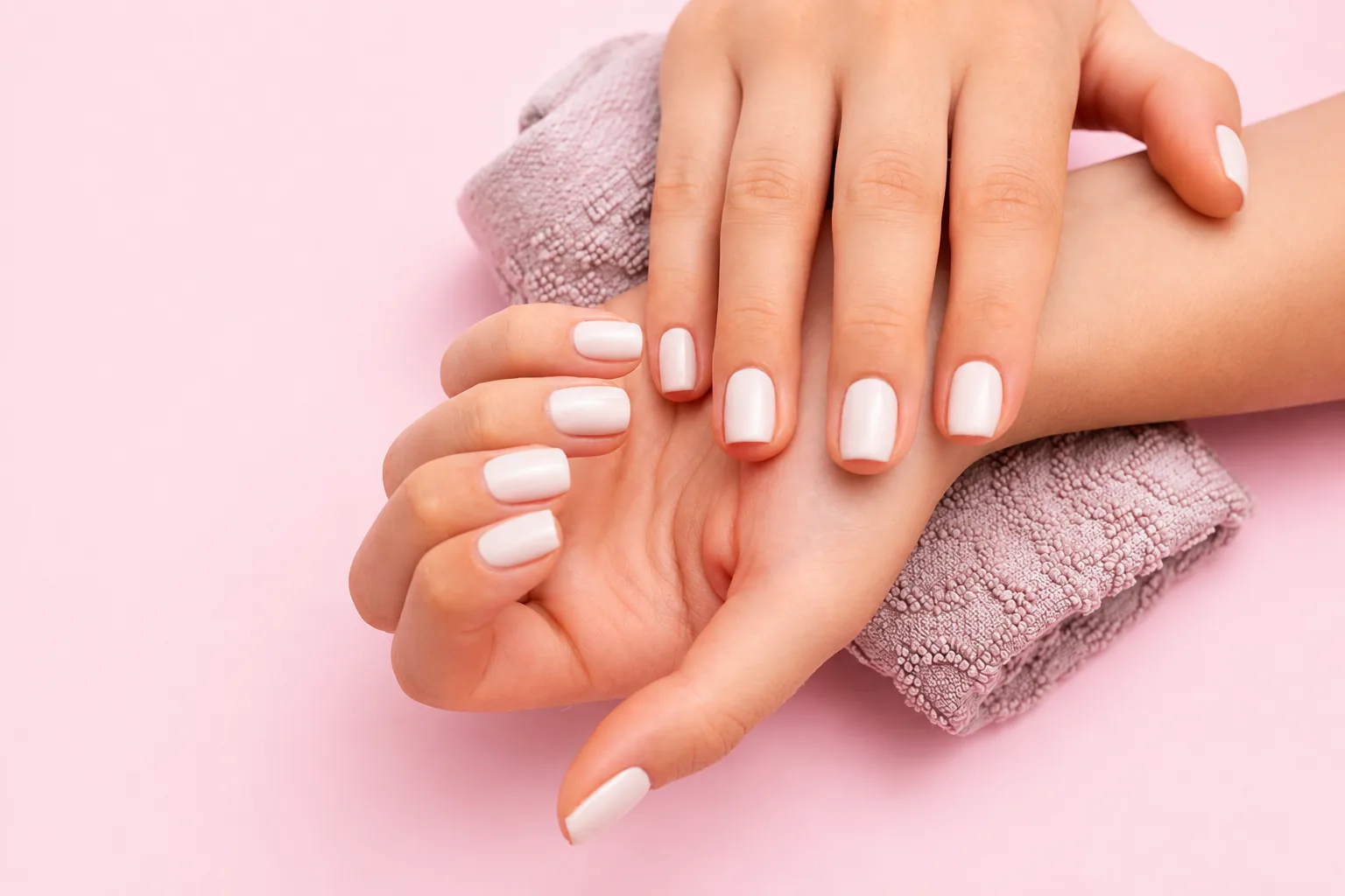 Uñas semipermanentes blancas en manos cuidadas sobre fondo rosa
